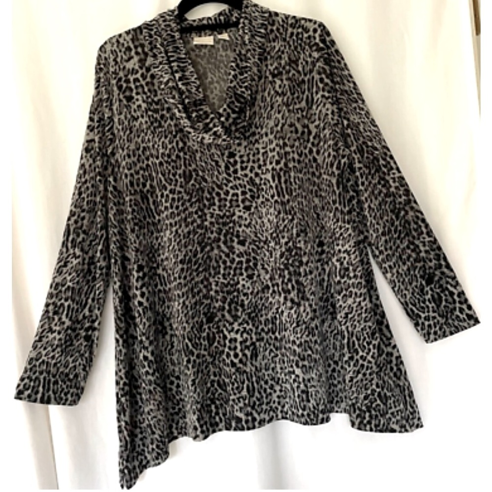 Chico’s Mesh Cowl Neck Tunic Flowy Shirt Leopard Animal Print